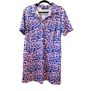 Katherine Way Athletic Dress Size Large Blue Pink Camo Print Gold Buttons Pocket